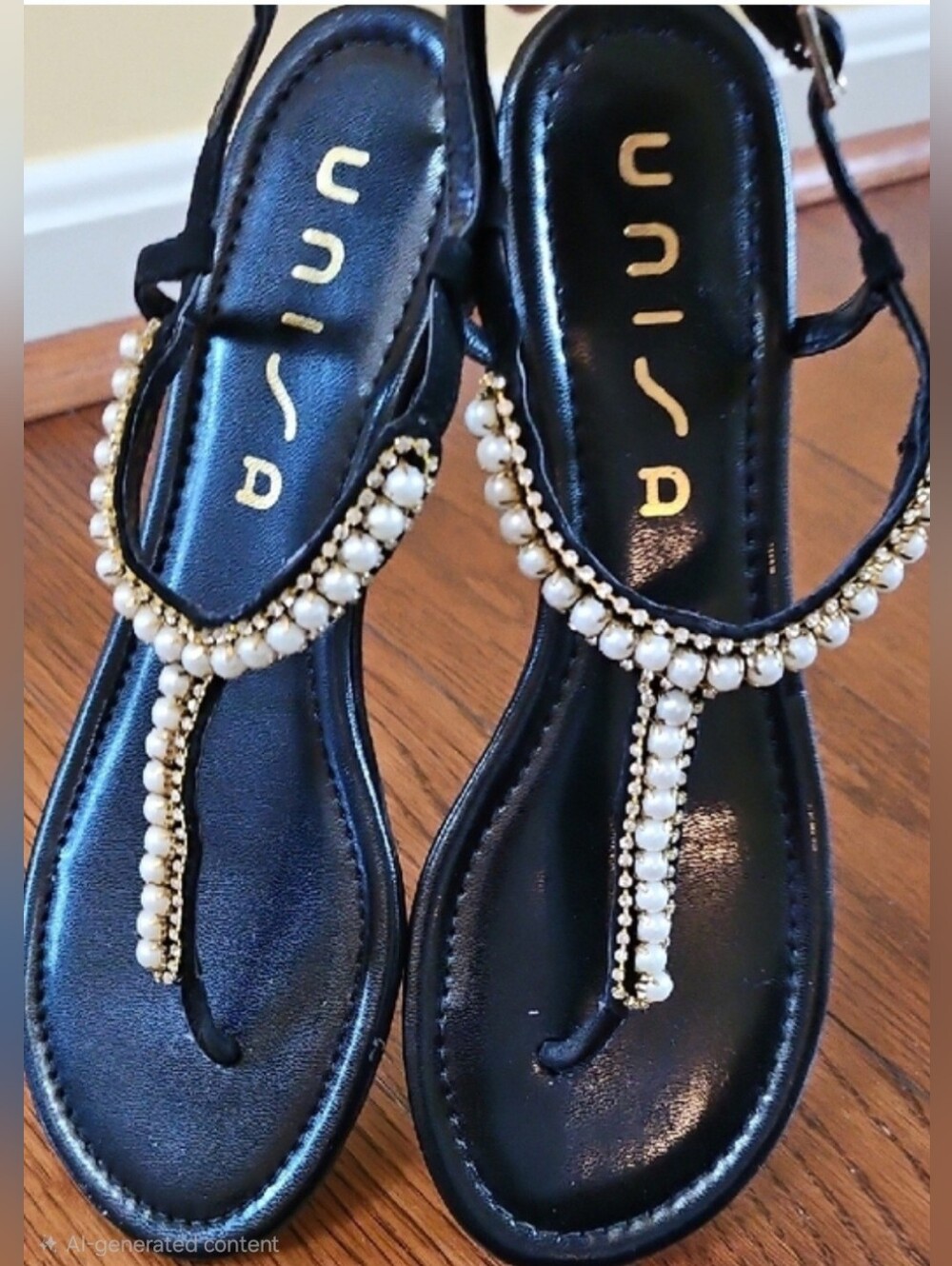 T-Strap Pearl Embellished Black Women’s Sandals